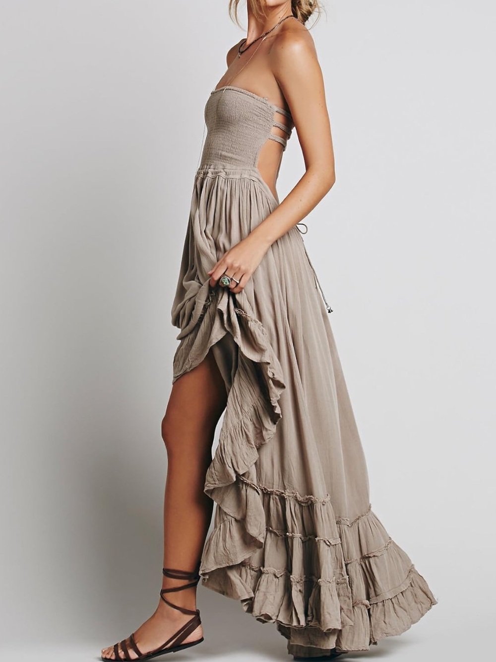 NWT Smocked Boho Backless Taupe Summer Maxi Dress